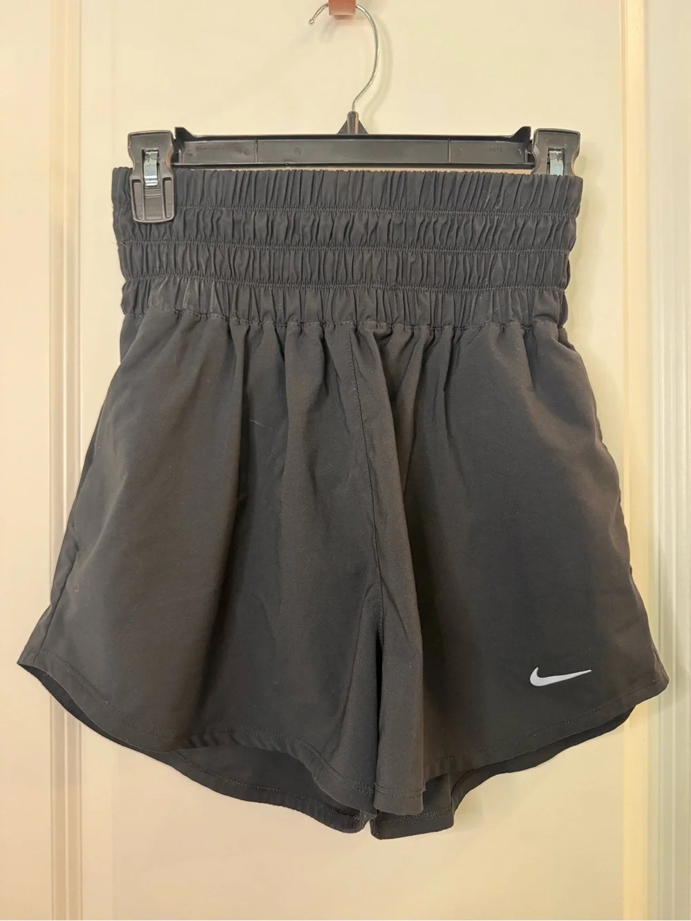 Nike Black Smocked-Waist Running Shorts with White Swoosh